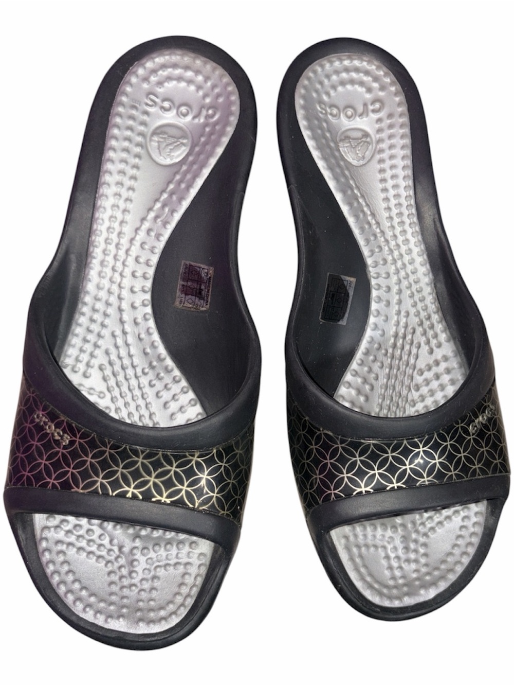 CROCS Black Slide Sandals with Silver Footbed and Geometric Accent